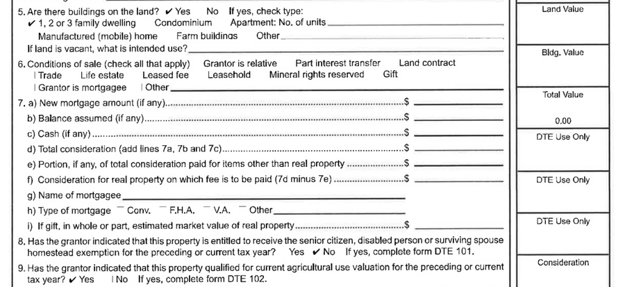 Brenneman DTE-100 Real Property Conveyance Fee Statement of Value — the numbered value lines 1 through 9 with the dollar column produced blank.